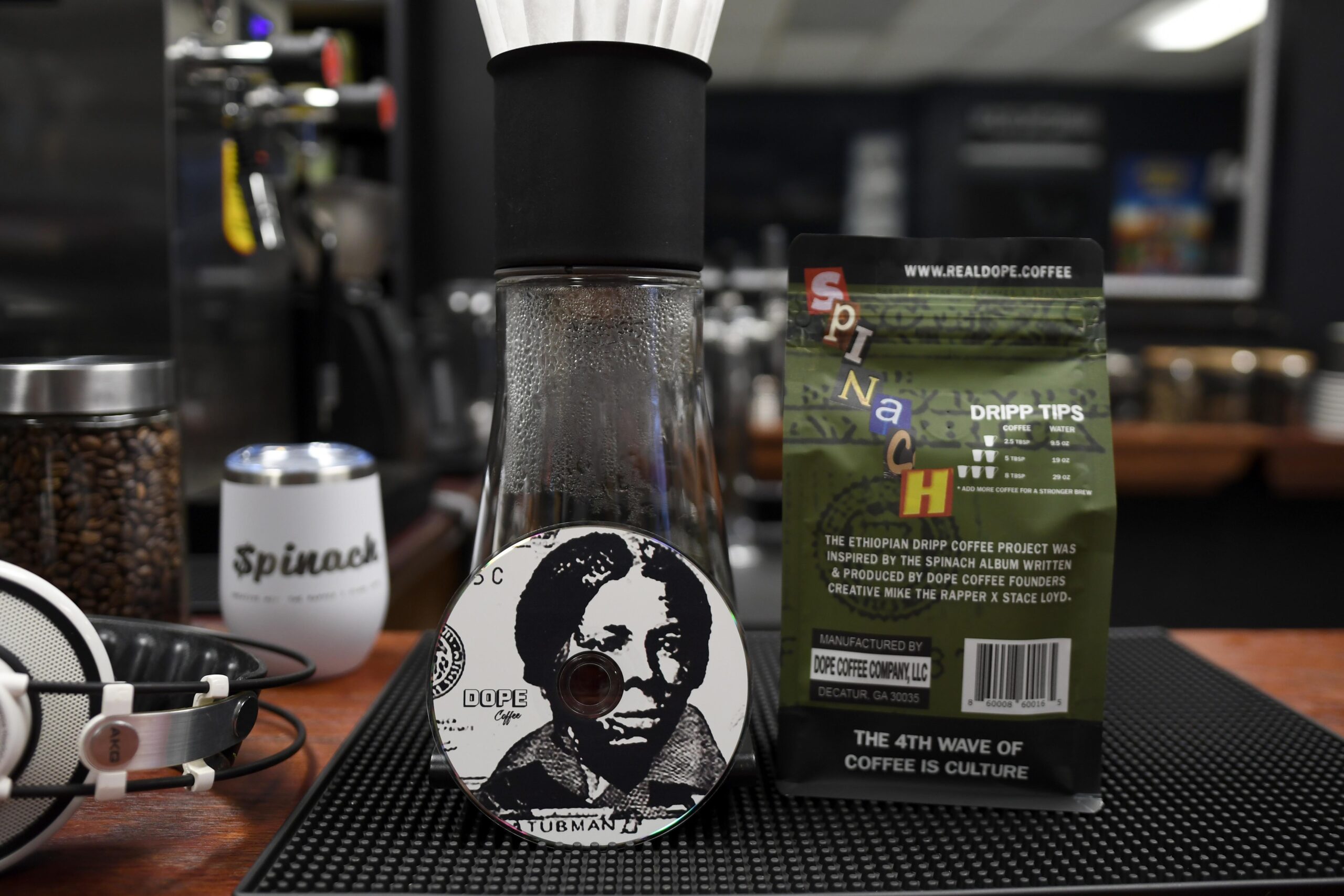 Dope Coffee Spinach Ethiopian pour-over with a Chemex and Harriet Tubman label