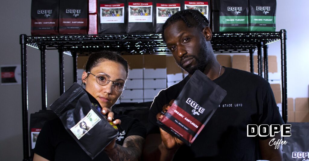 Chel and Mike Loyd with Dope Coffee products